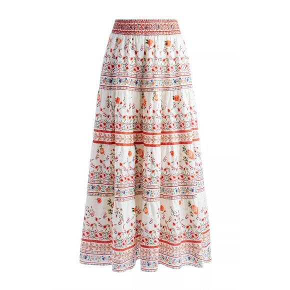Alice + Olivia $495 Melony Floral Smocked Waist Linen Maxi Skirt Size 6